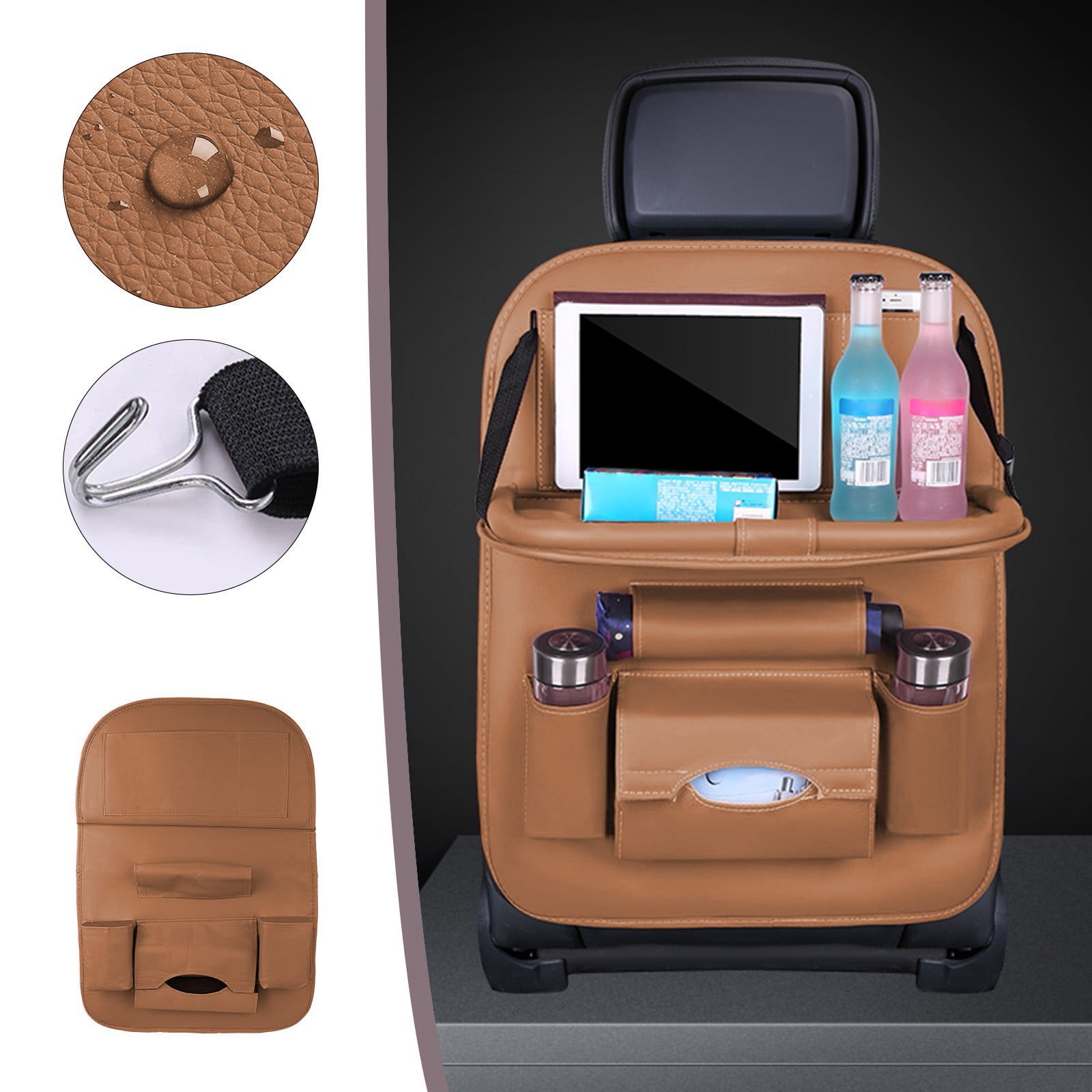 Leather Car Seat Back Organizer With Tray Table,Folding Dining Table Storage Bag Multi Pocket Design,Waterproof Wear Resistant Easy Install Large Capacity Storage Organizer Car Seat Storage Bag