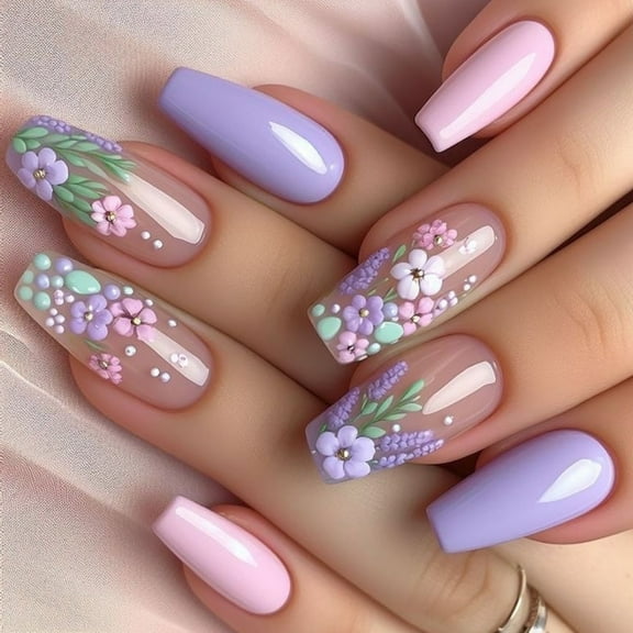 24x Purple Artificial Nail Short Ballerinas Press On Nail 3D Flowers False Nail