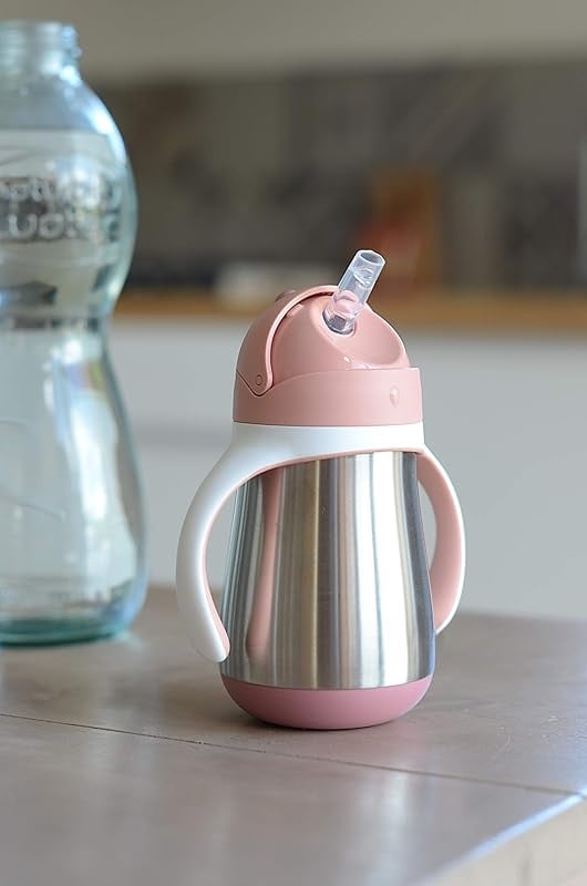 Stainless Steel Straw Sippy Cup, Insulated Toddler Cups Spill Proof with Removable Handles, Made with High Grade Stainless Steel, 8+ months, 8.5 oz, Rose