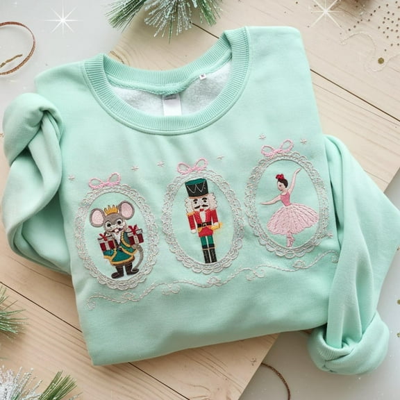 Pastel Nutcracker Embroidered Sweatshirt, Pink Christmas Tree Toy Soldier Crewneck, Holiday Ballet Shirt, Xmas Gift