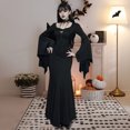 thumbnail image 3 of Women Halloween Dress Fish Tail Hem Slim Fit Irregular Ruffle Cuff Bat Sleeves Gothic Round Neck Solid Color Cosplay Performance Maxi Dress, 3 of 8