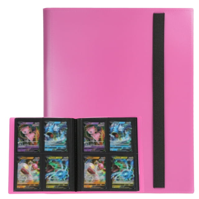 Uxcell 4 Pocket Trading Card Binder in rose red, with a durable PU cover and elastic strap for secure closure. Features 160 side-loading pockets made of high-transparency PP material and non-woven fabric, perfect for displaying and protecting trading cards such as TCG, sports cards, and game cards. Also referred to as a card album folder, it measures 6.69 x 8.27 inches.