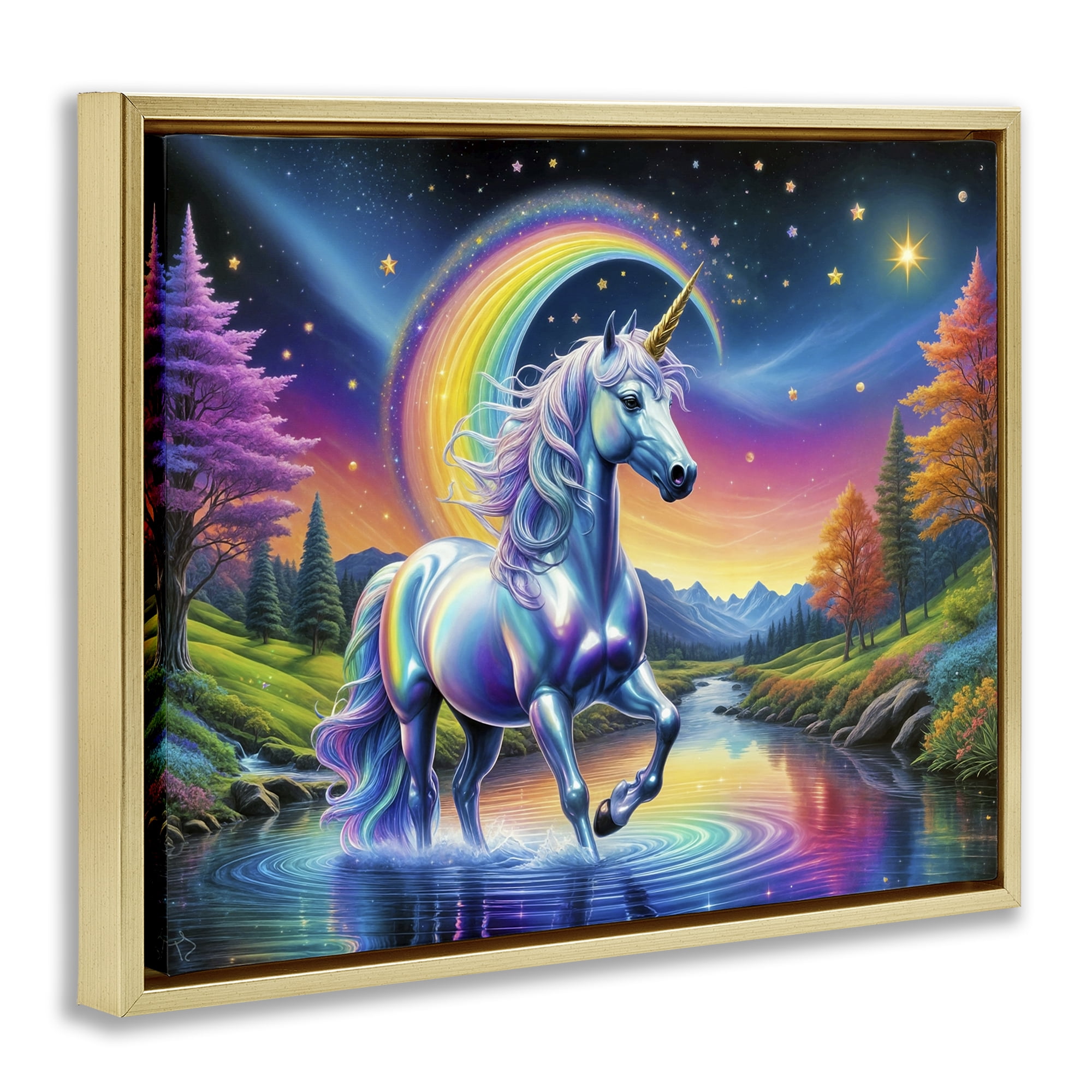 Stupell Industries Rainbow Prism Unicorn Gold Framed Floater Canvas Wall Art, design by Tabz Jones