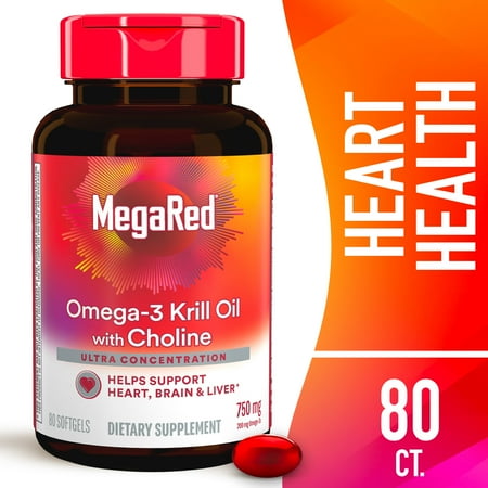MegaRed 750mg Omega 3 Krill Oil Supplement with Choline, Heart, Brain, & Liver Health, 80 Softgels