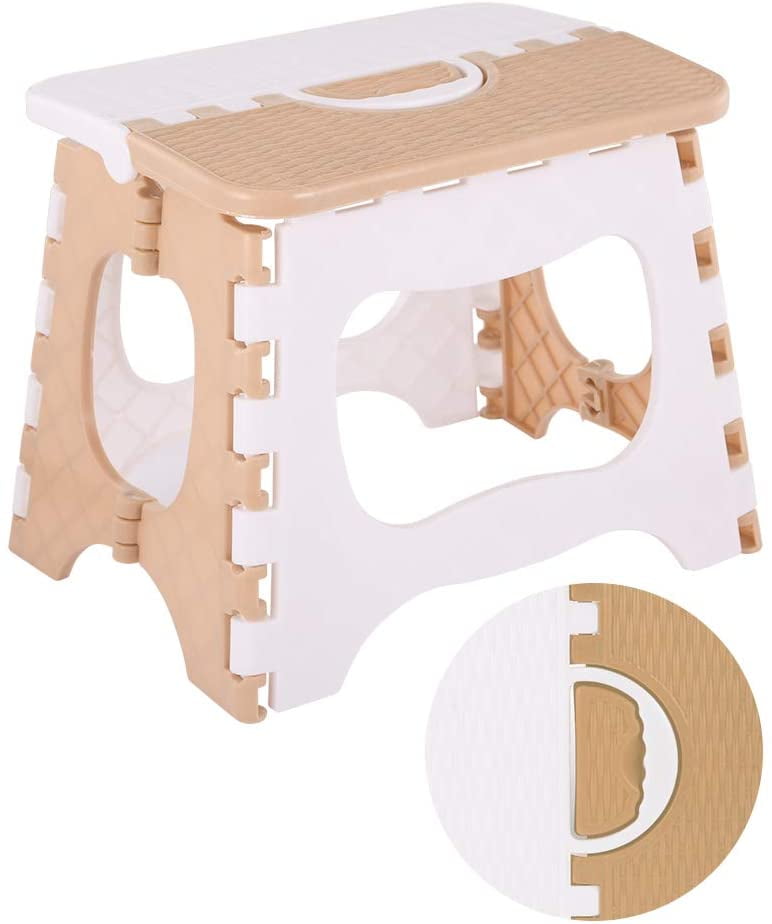 9" Folding Step White Brown Stool Foldable Step Stools for Kitchen