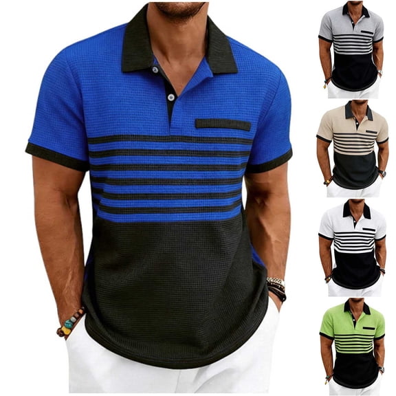 Waffle Knit Polo Shirts for Men Short Sleeve Lightweight Summer Casual Color Block Textured Collared Shirts White