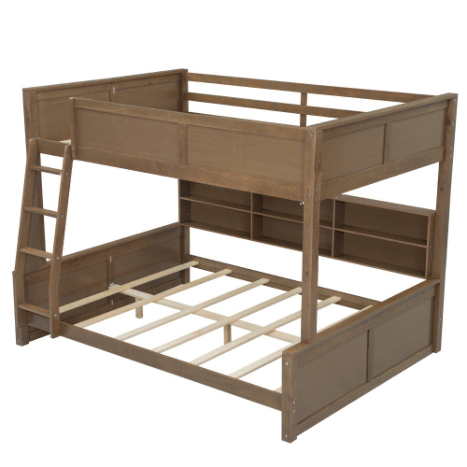 Queen over Queen Bunk Bed with Storage Cabinets & USB Ports, Solid Wood Frame, Space Saving Double Bunk Bed for Bedroom, Antique Wood, Natural
