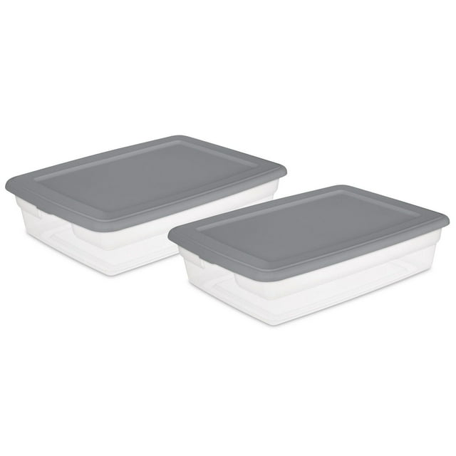 Sterilite Set of (2) 27 Liter Storage Box, Clear Plastic Storage Bins, Snap-on Lid, Grey