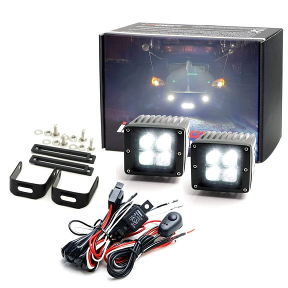 20W LED Pod Fog Light Kit For 2008-2017 Freightliner Cascadia, Includes (2) 20W High Power LED Cubes, Fog Bezel Mounting Brackets & Wiring/Adapter Harnesses
