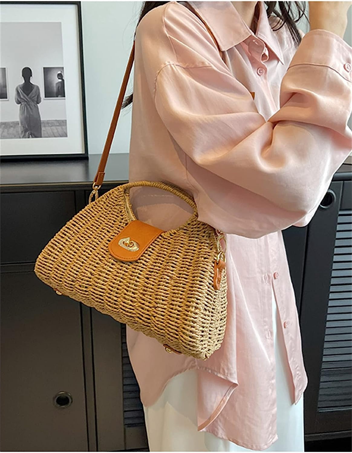 Kukuzhu Straw Handbags Women Summer Beach Tote Bag Hand Purse Vintage Wicker Woven Basket Boho Rattan Clutch Crossbody Shoulder Bag