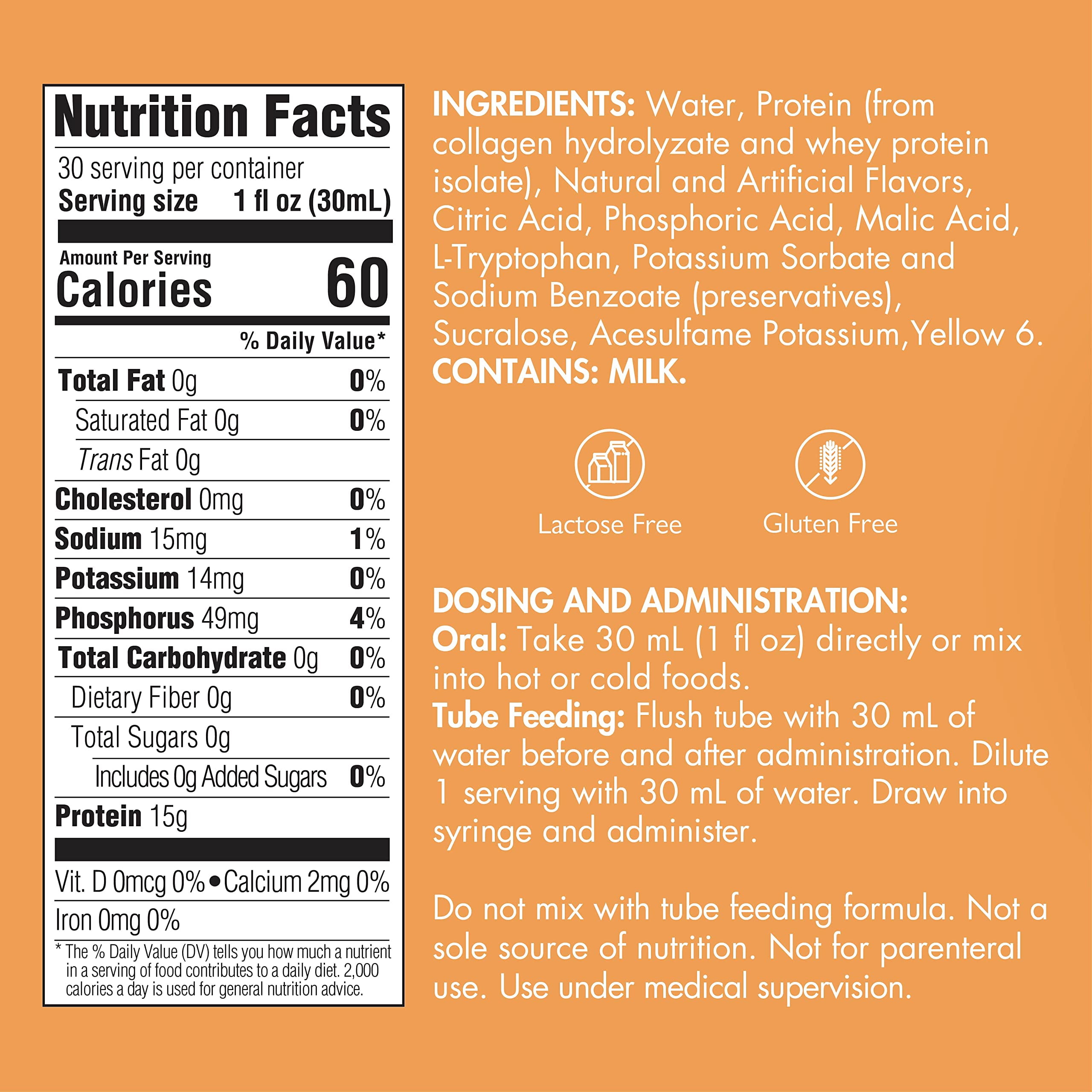 Liquid Collagen Peptides Type I, III 15 Grams Protein per Oz. |Prosource NoCarb Orange Crème Bottle Medtrition|