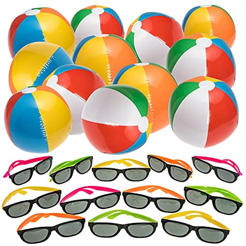 24 Pieces Total Toy To Enjoy 12 Pack of 12 Inch Inflatable Beach Balls & 12 Neon Sunglasses Mega Beach and Pool Party Favors 