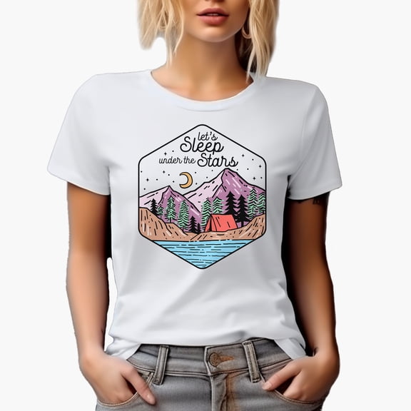 Let's Sleep Under the Stars with Line Drawing Camping Art Merch Gift, White T-Shirt, Small