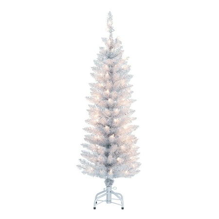 Holiday Time Pre-Lit Silver Tinsel Christmas Tree, 4',