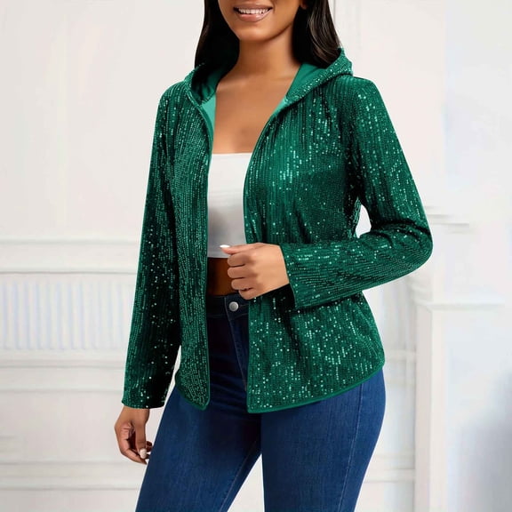 Women's Solid Color Sequin Hooded Jacket, Long Sleeve Glitter Open Front Cardigan, Sparkly Cover-Up, Casual Evening Wear, Shimmering Loungewear, Party Jacket Blackish Green