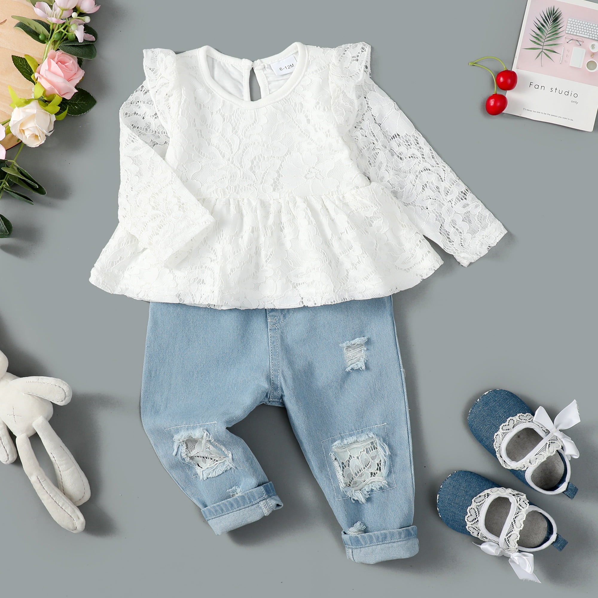 6 Months Infant Baby Girls Clothes Baby Girls Outfits 6-12 Months Girls Long Sleeve Solid Color Top Jeans Pants 2PCS Set White