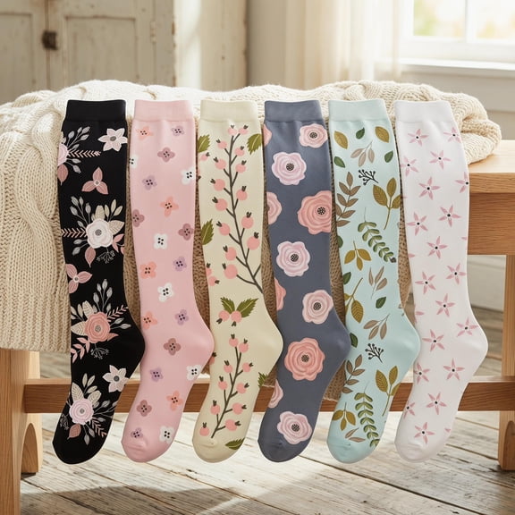 Xfvqtps 6 Pairs Socks for Womens Flower Pattern Long Knee High Home Tube Socks Warmth Winter Pressure Socks