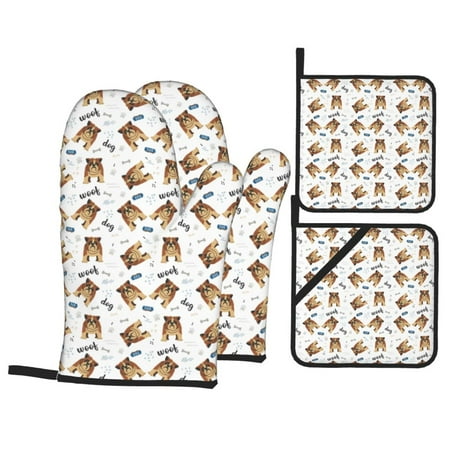 

Oven Mitts and Pot Holders Sets 4 pcs Cute Dog woof Non-Slip Oven Gloves Potholders Soft Quilted Lining Heat Resistant Gloves Hot Pads for Kitchen Cooking Baking