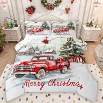 Homewish Xmas Red Truck 2pcs Bedding Comforter Set For Teens Boys Girls,Festival Tree Twin Comforter Sets,Merry Christmas Breathable Bedding Set,Ultra Soft Home Decor,Reversible