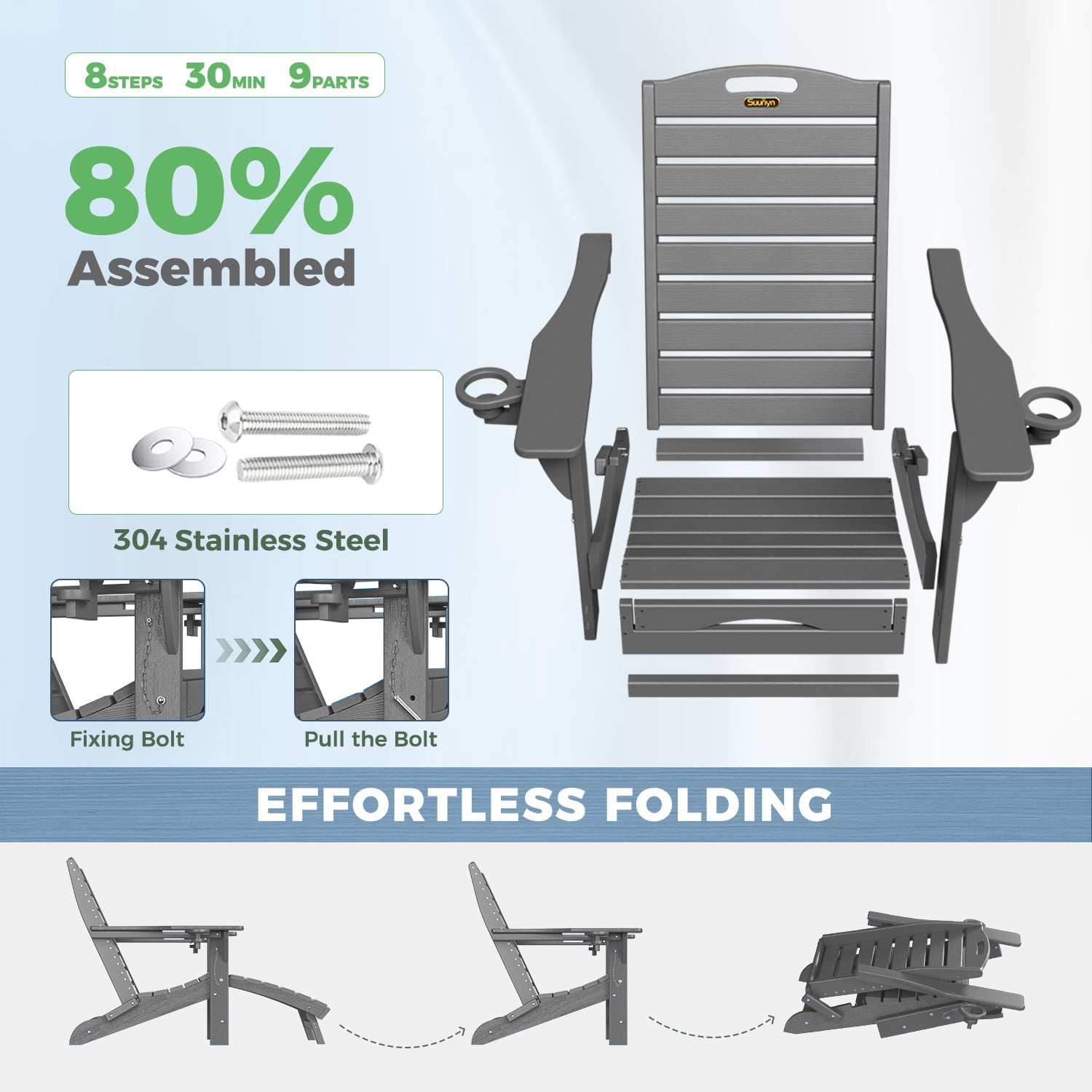 Folding Adirondack Chair with Ottoman Set of 2 HDPE Outdoor Chair Pull Out Footrest with 2 Cup Holders Garden Lawn Grey