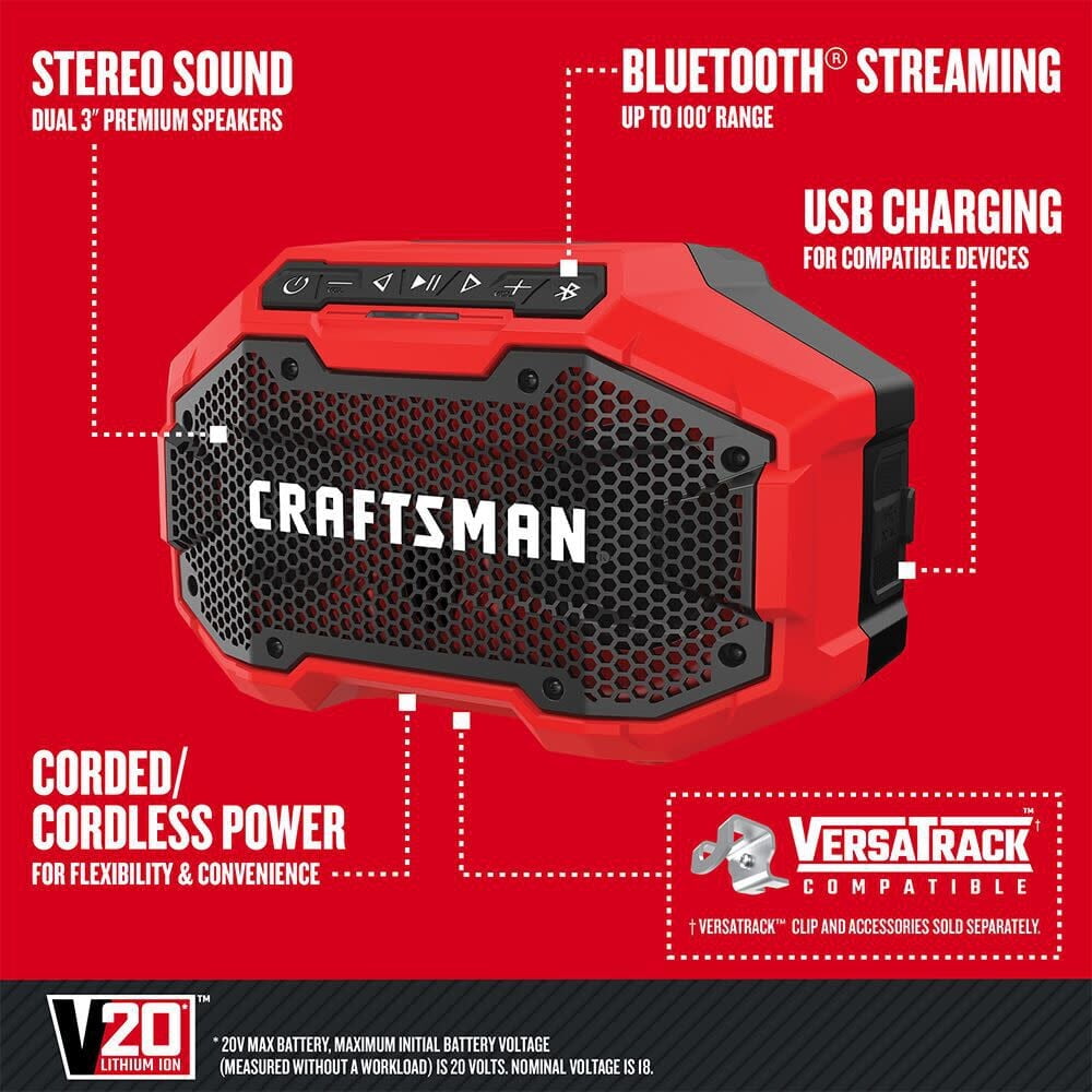 CRAFTSMAN CMCR001BR V20 Lithium-Ion Cordless Bluetooth Speaker, 2 3'', Smartphone Compatible