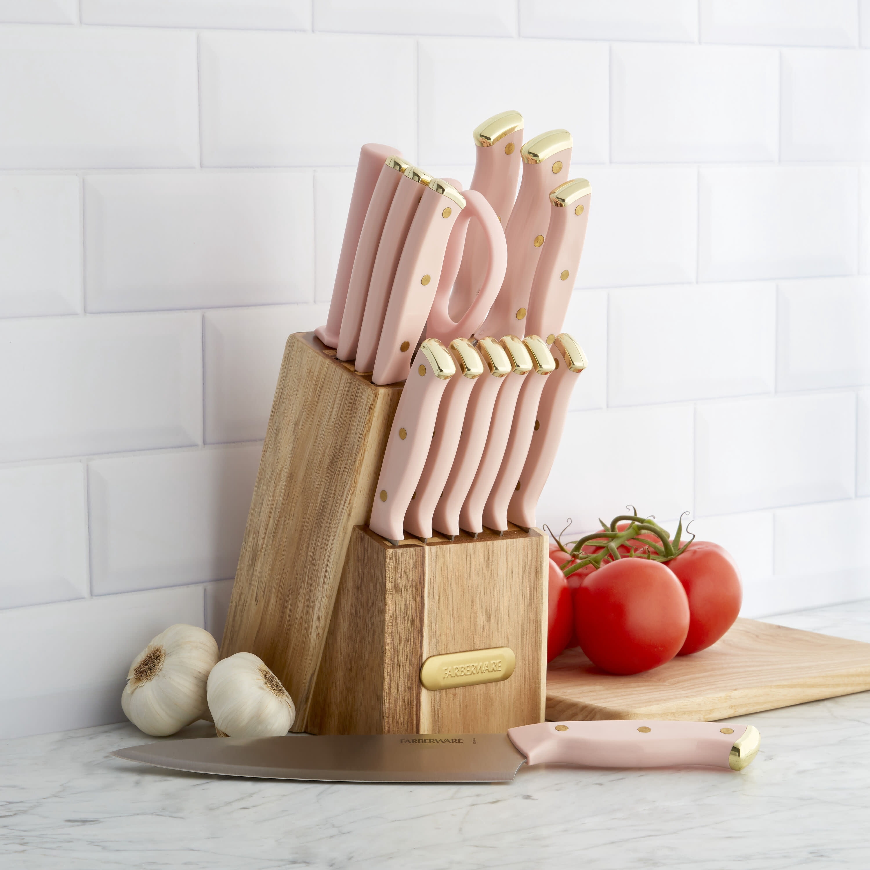 Farberware 15-Piece Triple Riveted Stainless Steel Knife Set with Acacia Block Blush Gold