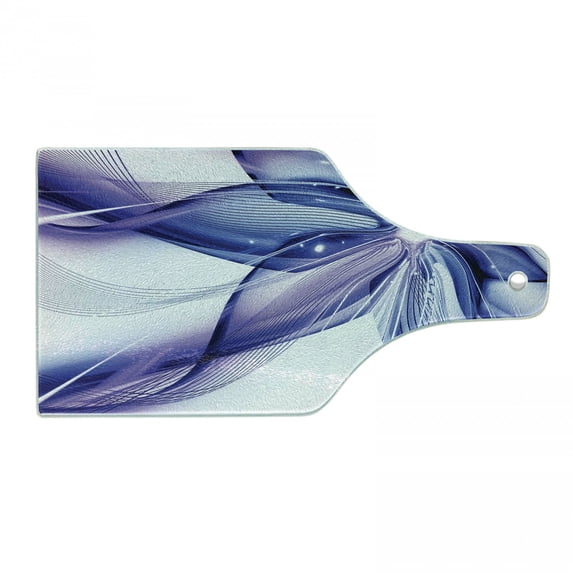 Abstract Cutting Board, Geometrical Smoke Like Striped Huge Flower Floral Design Work of Art, Tempered Glass Cutting and Serving Board, Wine Bottle Shape, Purple White and Blue, by Ambesonne