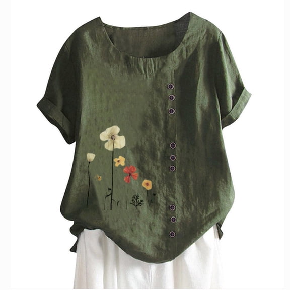 QQAMB Linen Shirts for Women Plus Size Crewneck Floral Printed Blouse Cotton Linen Short Sleeve Shirt Blouse Tops Army Green 3XL