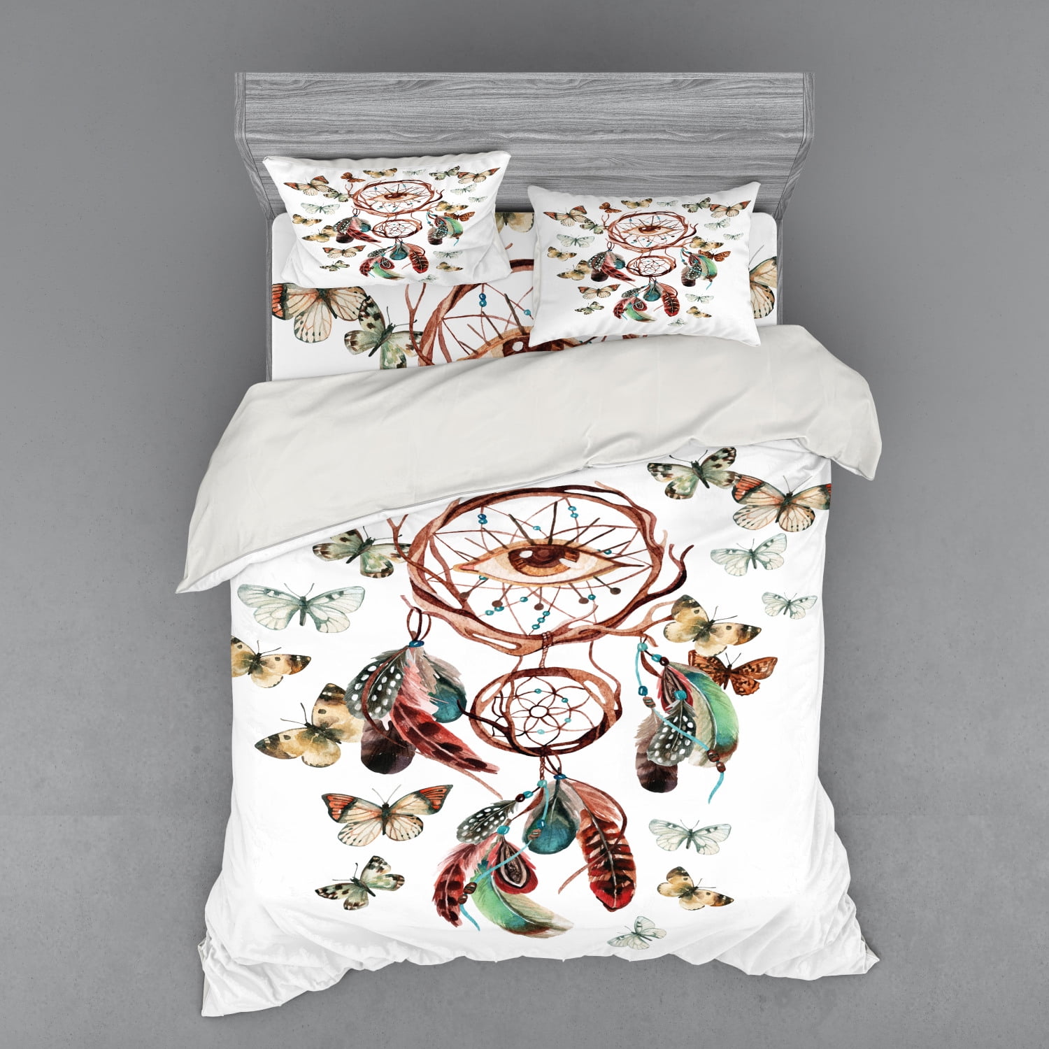 Feather Duvet Cover Set, Dream Catcher with Butterflies and All Seeing