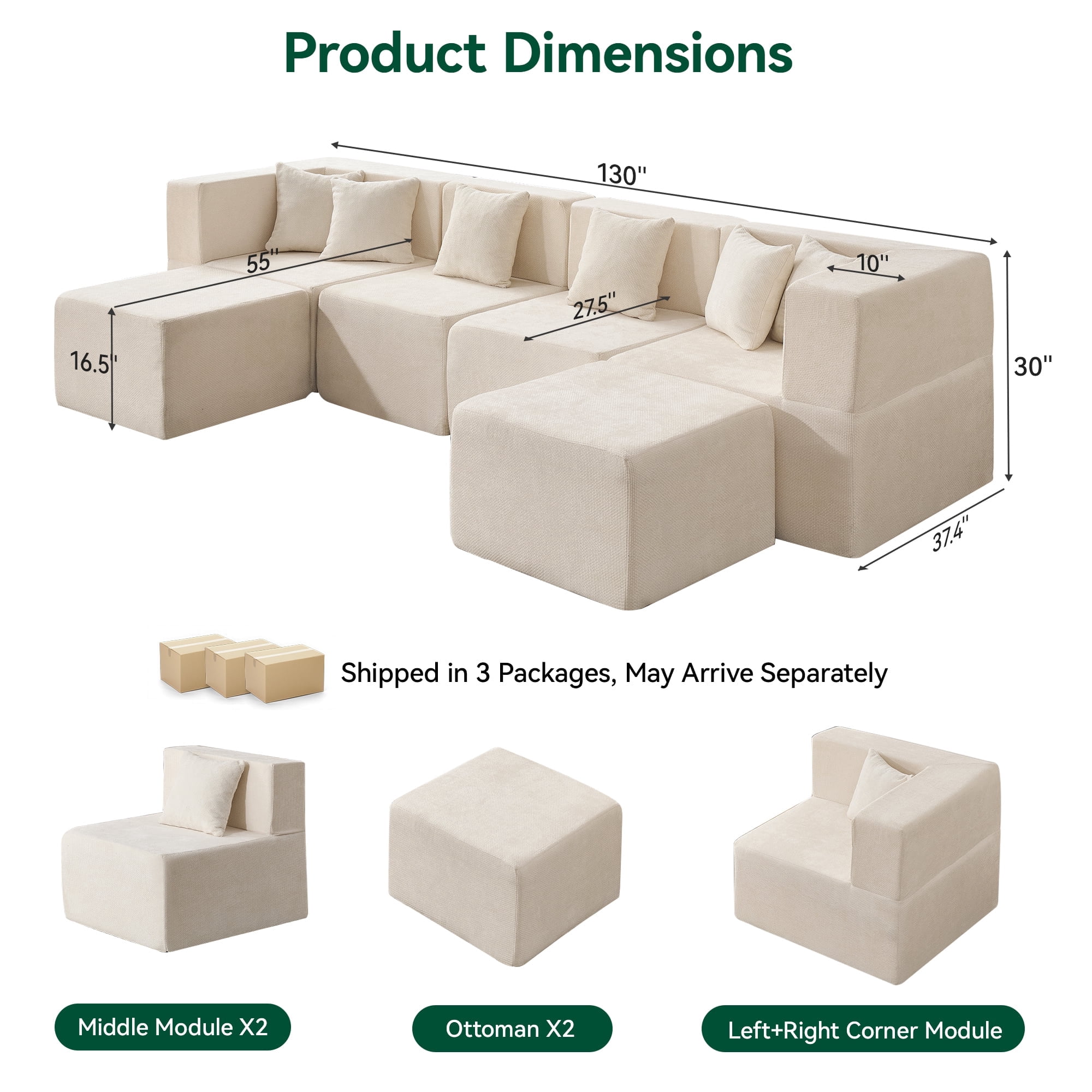 BEHOST 130" 6-Piece Modular Sectional Sofa with 2 Movable Ottomans, U-Shaped Cloud Couch for Living Room, Modern Chenille Deep Seat Sofa Set, Flexible Oversized Sleeper Couches,Beige