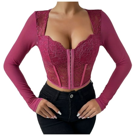 LARUYEKO Women s Long Sleeve Lace Mesh Crop Top Sexy Corset Slim Fit Square Neck Solid Color Top Sheer Blouse Glasses Bag Pouch Bandeau Bra Shirt Mesh Pouch Bulk Tube Tube Top Maternity Women s Tube