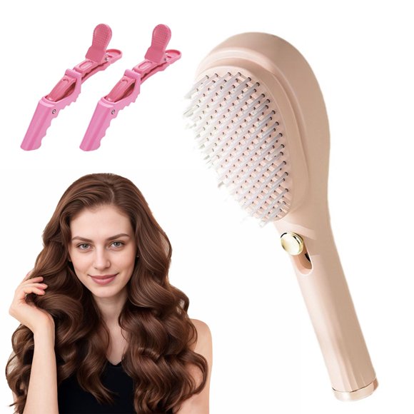 Cepillo de pelo telescópico autolimpiante con dos pinzas para el cabello Peine de un clic Masaje antiestático Elimina nudos Cepillo desenredante para cabello húmedo y seco Todo tipo de cabello (Beige)