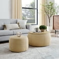 thumbnail image 2 of Kamsly 2-Piece Set Round Storage-Ottoman with Wood Tray and Stool Set, Storage Coffee Table w/Movable Lid & Drum Footstool, Dia 25" Padded End Side-Table with Ottoman for Living Bedroom, Natural, 2 of 11