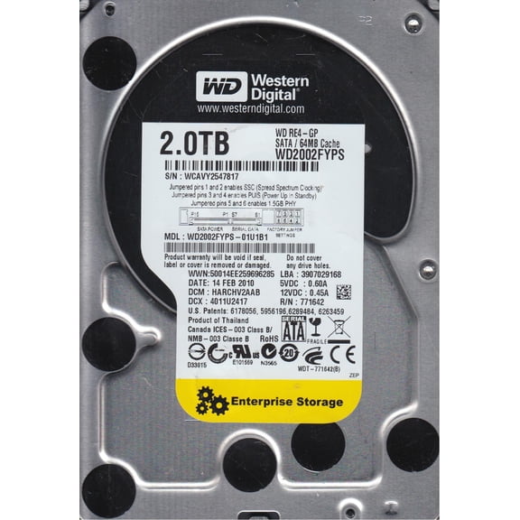 WD2002FYPS-01U1B1, DCM HARCHV2AAB, Western Digital 2TB SATA 3.5 Hard Drive