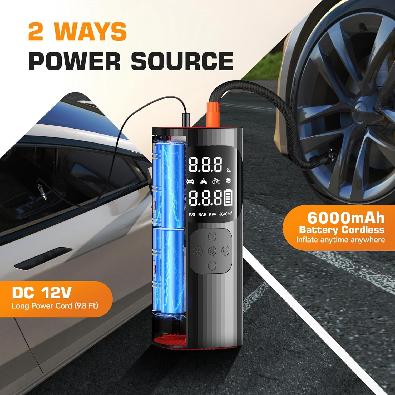 Cordless Tire Inflator Portable Air Compressor,150 PSI Air Pump for Car Tires with Digital Tire Pressure Gauge, Rechargeable Portable Tire Inflator for Car, Motorcycles,Electric Bicycles,Balls