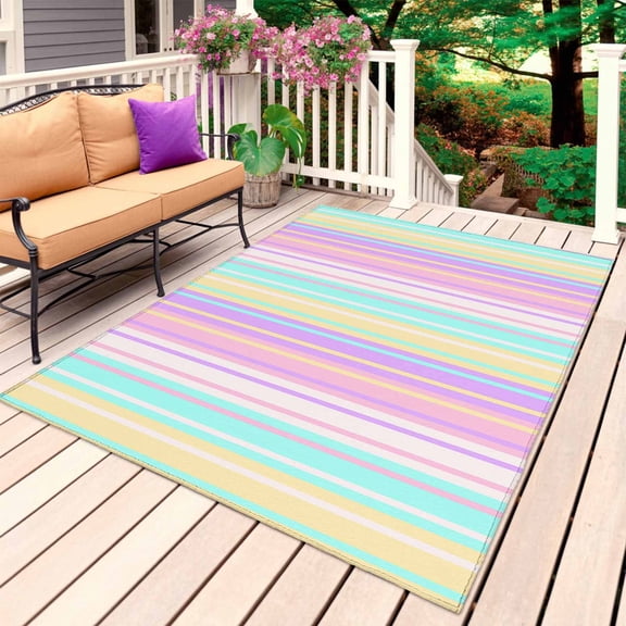 Pink Aqua Stripes Outdoor Rug for Patio/Deck/Porch, Non-Slip Large Area Rug 4 x 6 Ft, Geometric Yellow Geometric Indoor Outdoor Rugs Washable Area Rugs, Reversible Camping Rug Carpet Runner