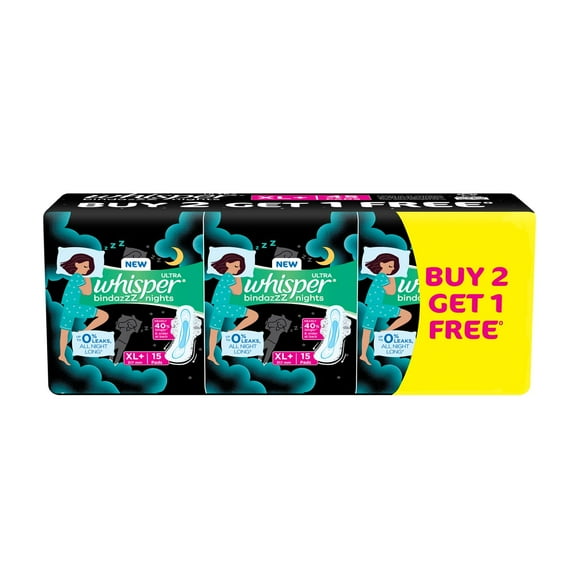 Whisper Bindazzz Night Sanitary Pads|15 thin Pads|XL+|upto 0% Leaks|40% Longer & Wider back|Dry top sheet|Long lasting coverage|Faster absorption|31.7 cm Long|With dispos