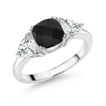 Gem Stone King 925 Sterling Silver Black Onyx and White Zirconia 3 Stone Engagement Ring for Women (3.01 Cttw, Gemstone December Birthstone, Available in Size 5, 6, 7, 8, 9)