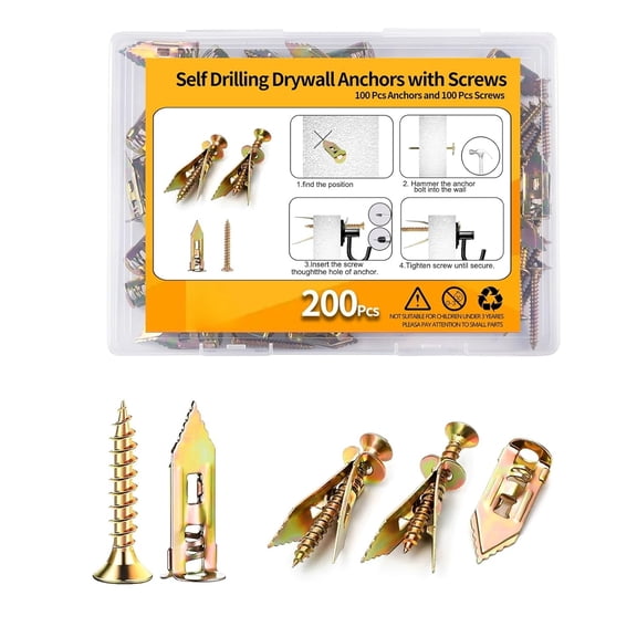 200 PCS Drywall Self Drilling Anchors with Screws Kit,100 PCS Sheetrock Anchors (0.47X1.18inch) and 100 PCS Screws, Eliminating The Need for Drilling or Punching Holes in The Wall.