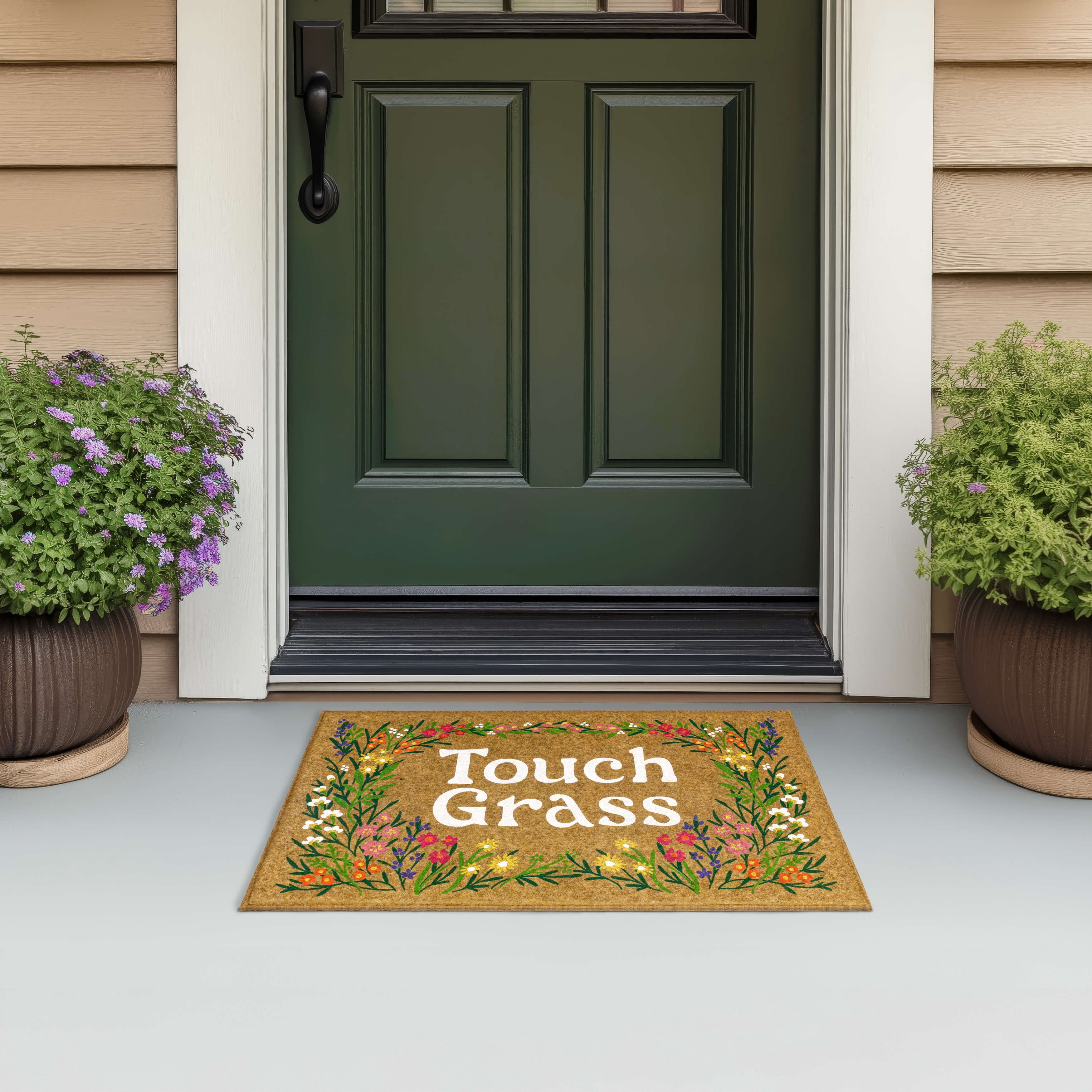 Floral Touch Grass All Weather Moisture Absorbent Low Pile Doormat, Tan, 18" x 30"