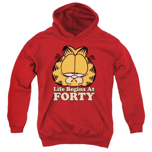 Garfield Life Begins At Forty Youth Pullover Hoodie Sweatshirt Red