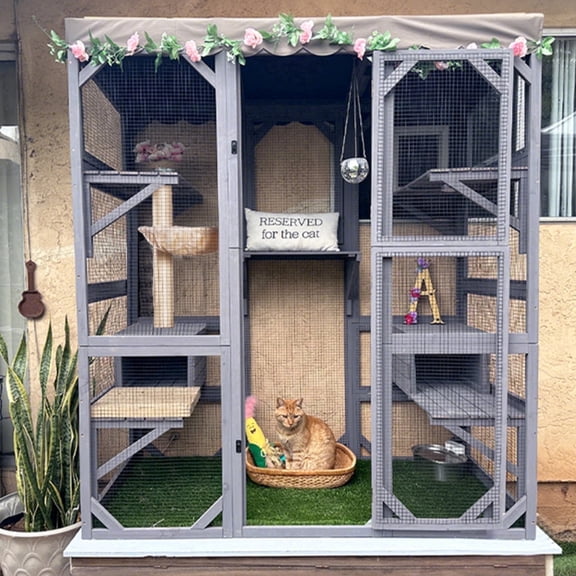 Aivituvin Cat House Outdoor Catio Kitty Enclosure, Wooden Cat Cage Condo Indoor Playpen with Large Enter Door and Platforms for Kittens