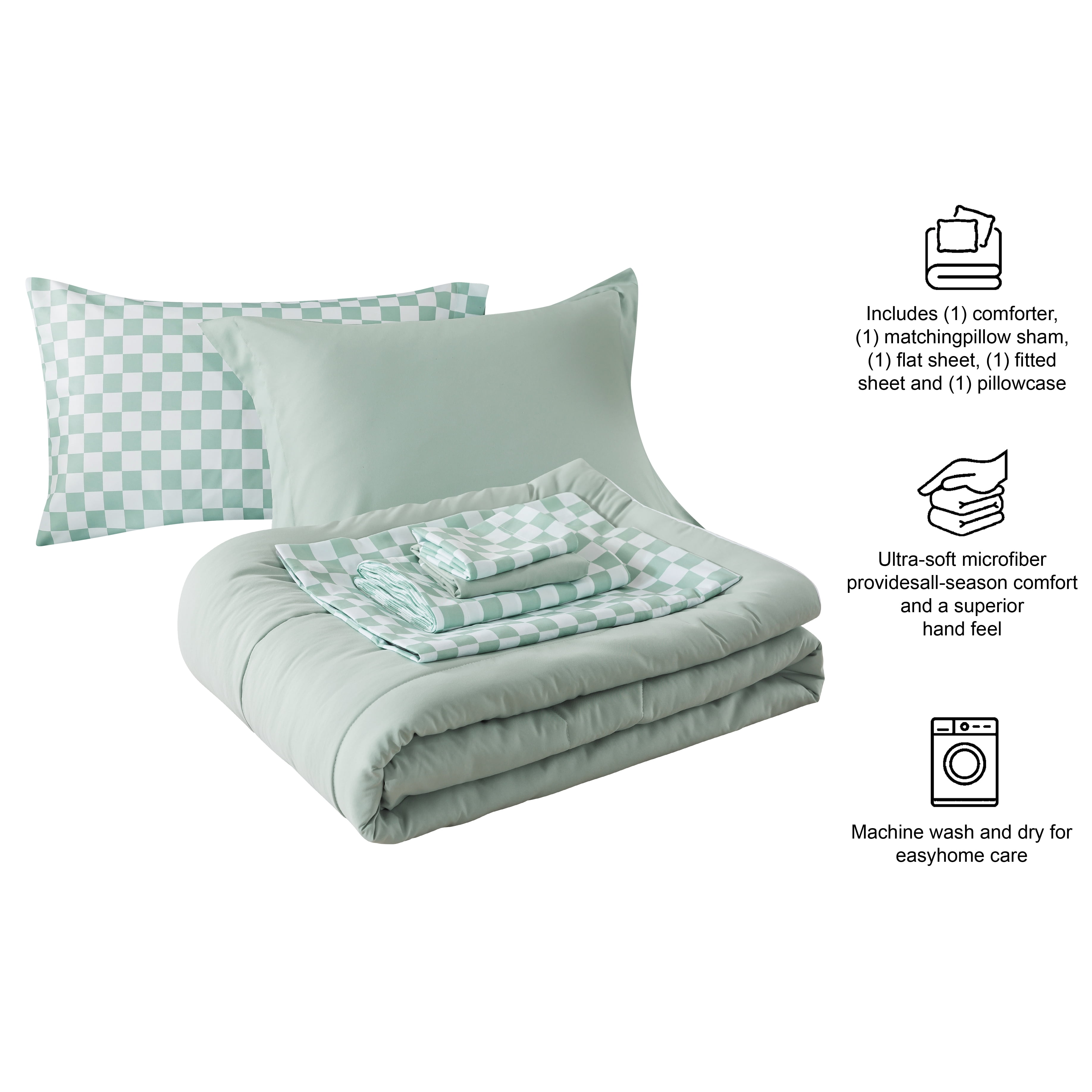 Mainstays 5-Piece Reversible Bed-in-a-Bag Comforter Set with Sheets, Sage, Twin-XL