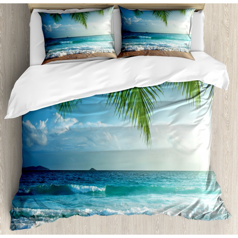 Ocean Duvet Cover Set, Palms Tropical Island Beach Seashore Water Waves