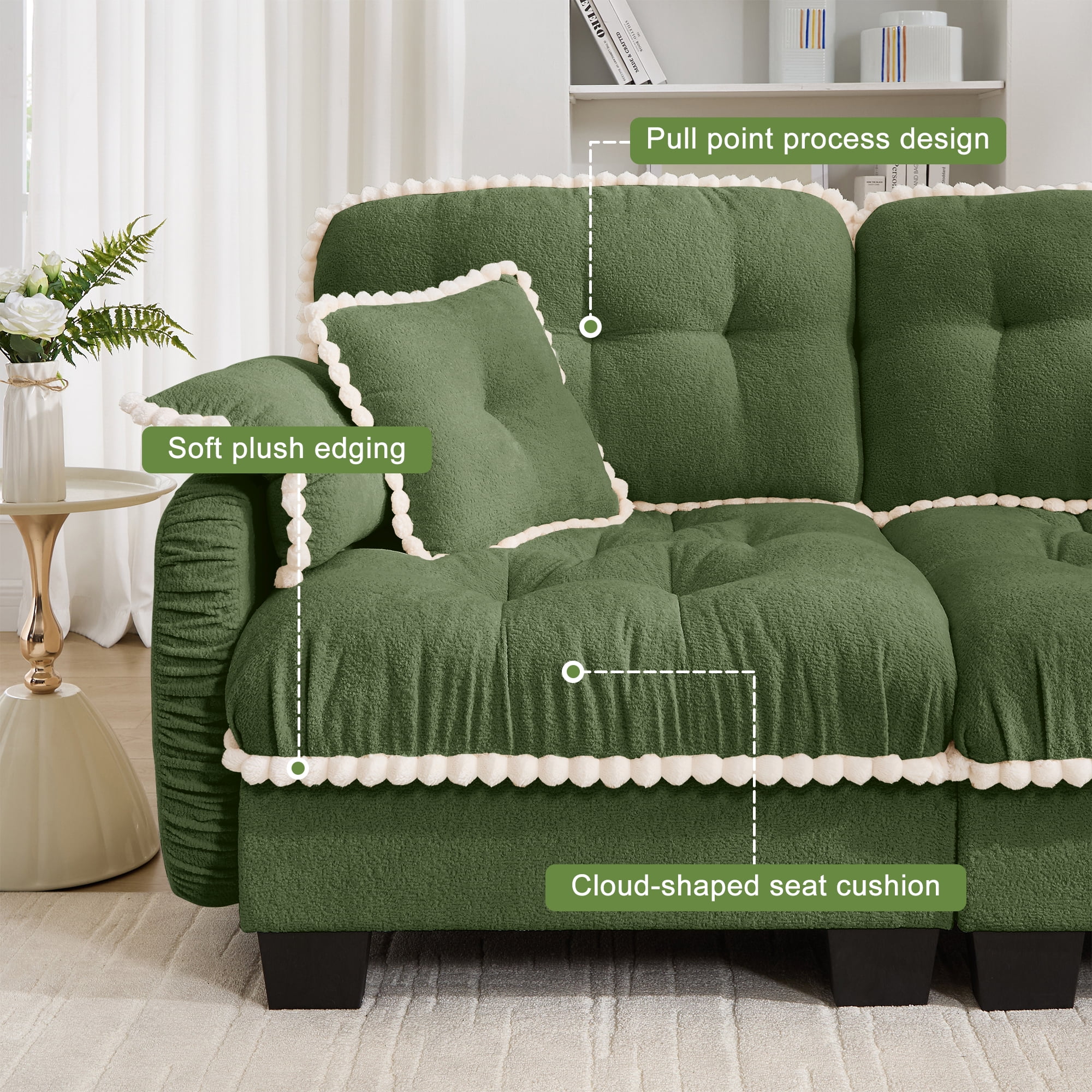 Anpport 70" Chenille Cloud Loveseat with 4 Pillows, Pom‑Pom Trim, Quilted Tufted Ergonomic, Easy Assembly Deep Seat for Living Room Apartment, Green