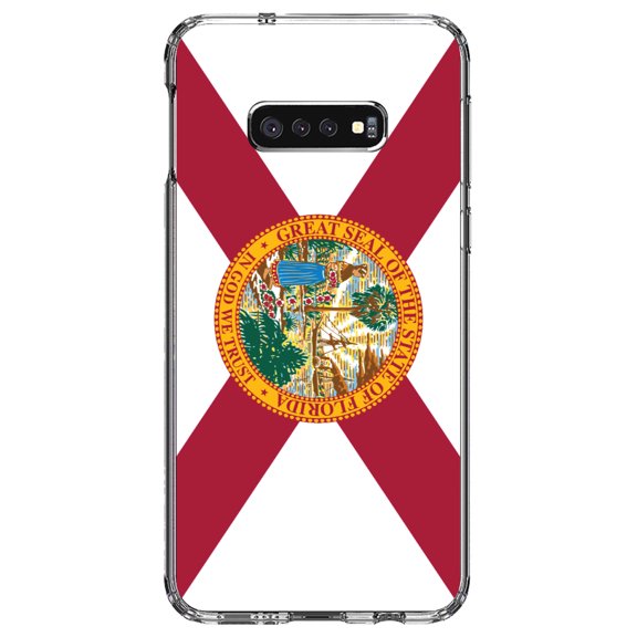 DistinctInk Clear Shockproof Hybrid Case for Samsung Galaxy S10e (5.8" Screen) - TPU Bumper, Acrylic Back, Tempered Glass Screen Protector - Florida State Flag - US State Flag