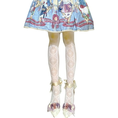 

GHOONEY Women Girls Gothic Silky Translucent Pantyhose Japanese Anime Style Lolita Kawaii Heart Bowknot Patterned Cosplay Tights