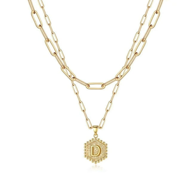 Colliers Initiaux Superposés pour Femmes, Collier Chaîne Trombone Simple Mignon Pendentif Lettre Hexagonale Collier Ras du Cou Initial Or Colliers Superposés pour Femmes, Or
