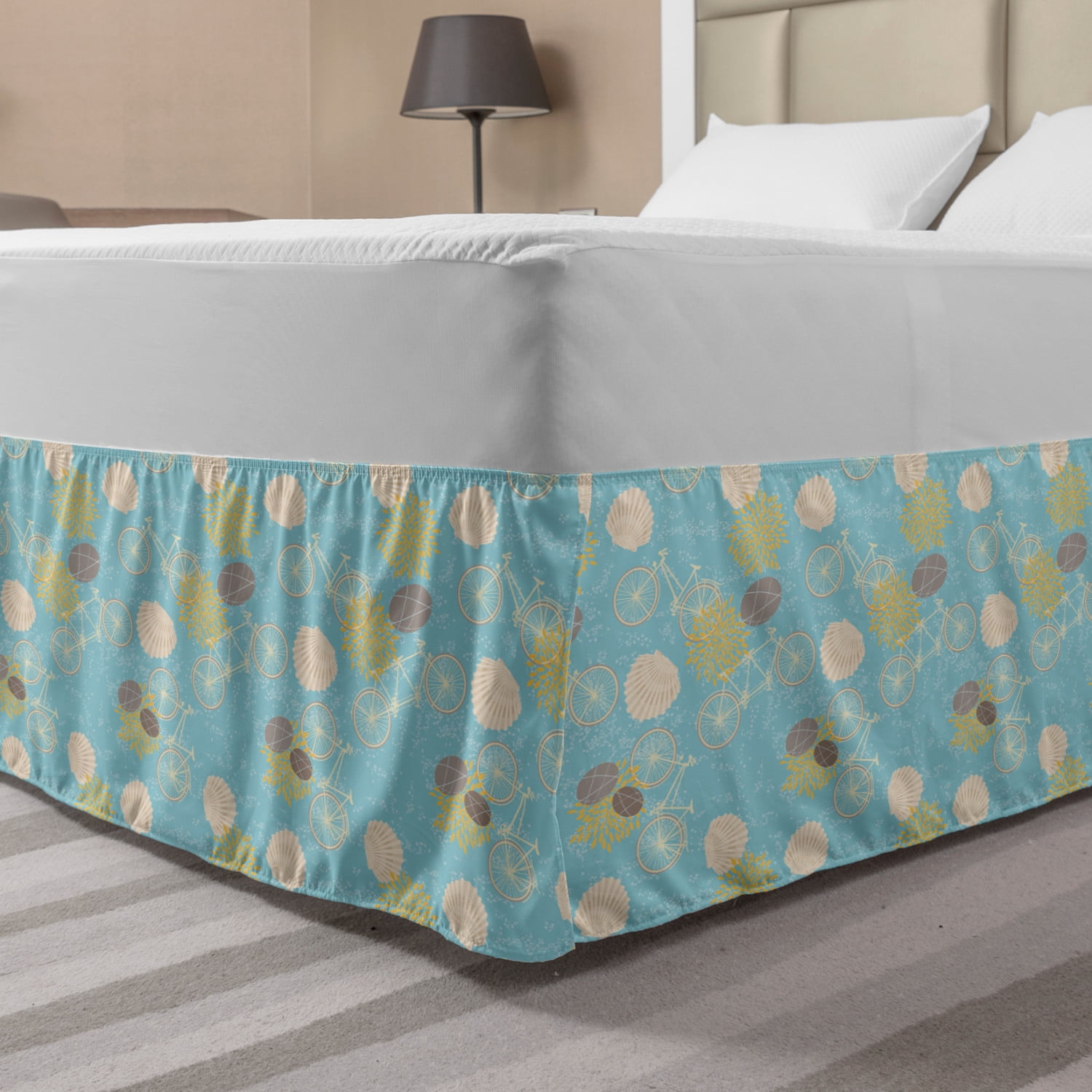 Retro Bed Skirt, Bicycles Seashells and Pebbles Patterns Orange Fruit