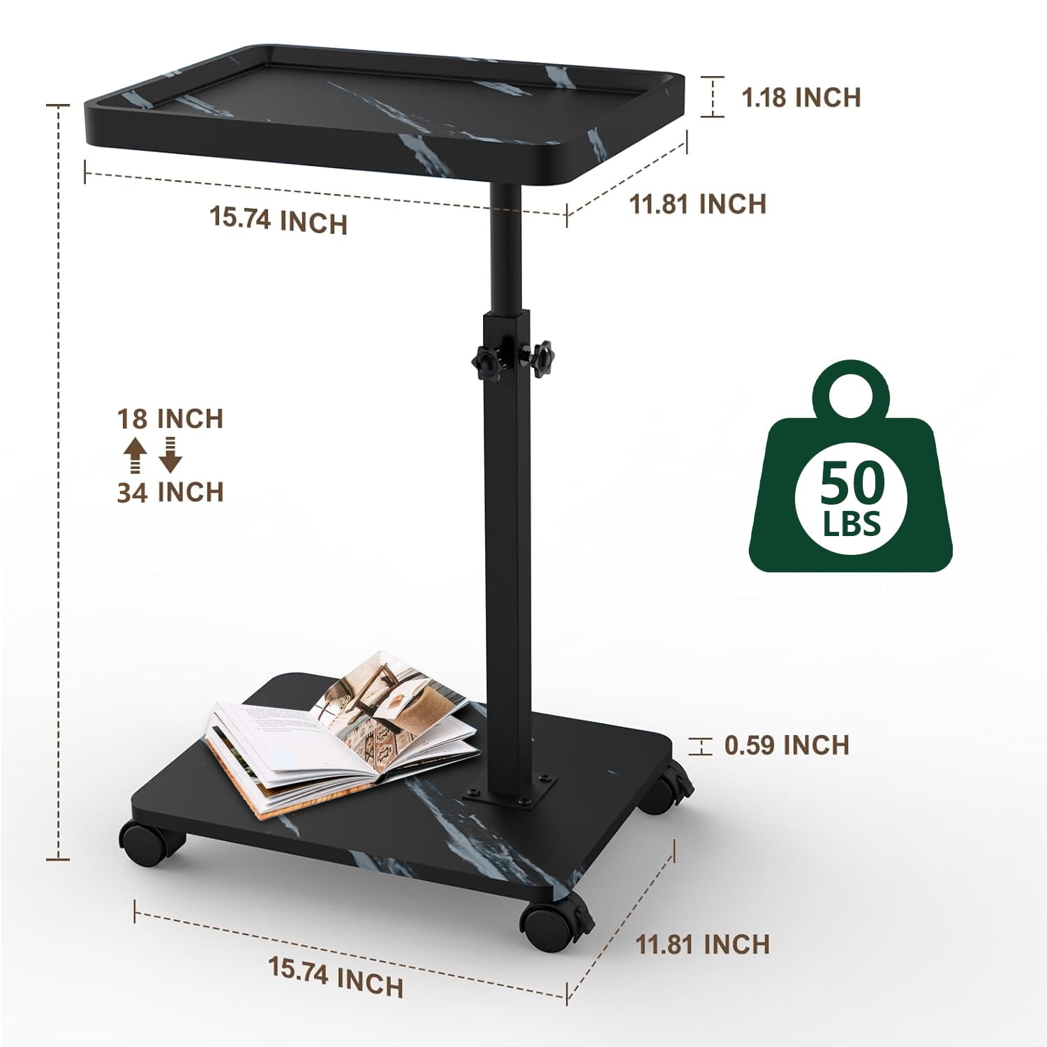 ManyFun C Table End Table Adjustable Heigh Durable MDF Top, Steel Frame, Universal Wheels, Multifunctional Tea Table (Black and white texture)